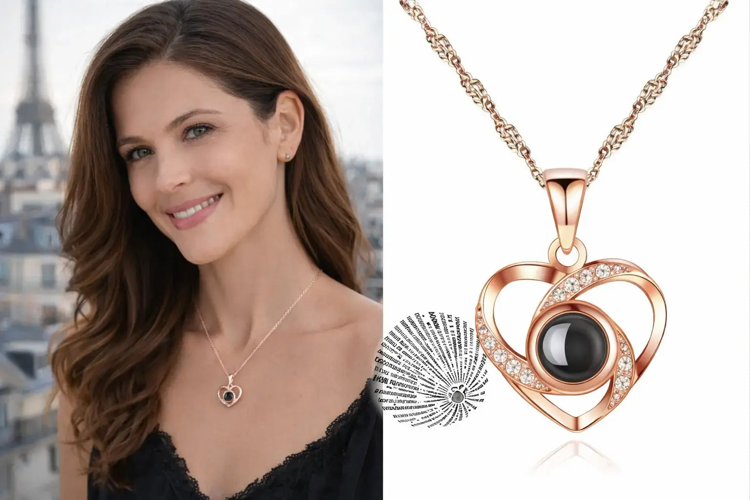 CPSLOVE Collier Pendentif Cœur En Argent 925 Pour Femme, La Pierre De Verre Noir Avec La Projection En 100 Langues "Je T'aime", Cadeau D'anniversaire De Noël Et De La Saint-Valentin